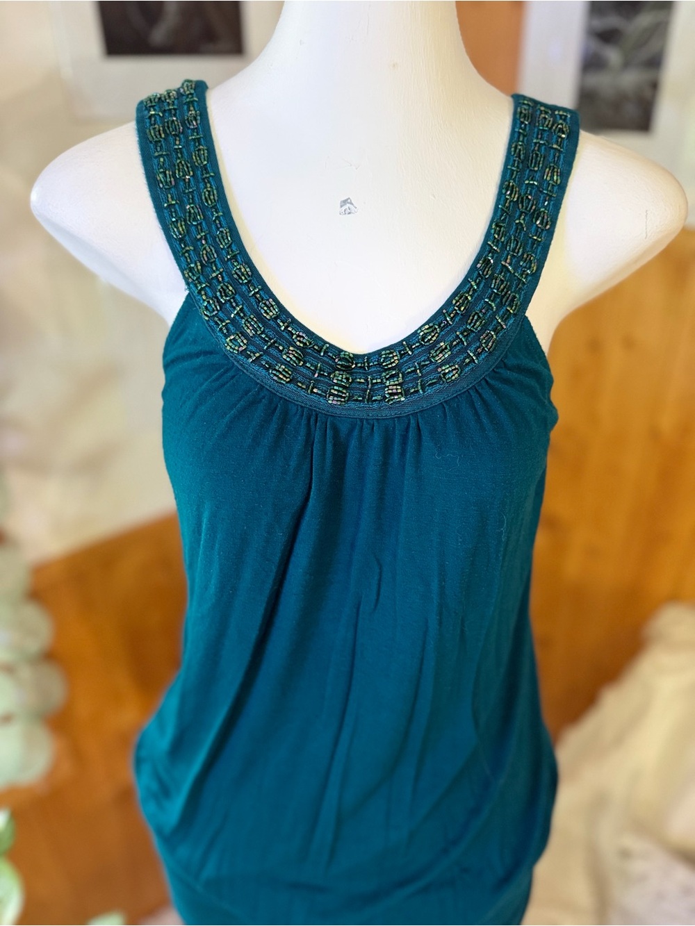 Twenty One Teal Beaded Sleeveless Blouson Tank Top - Medium - Banded Waist